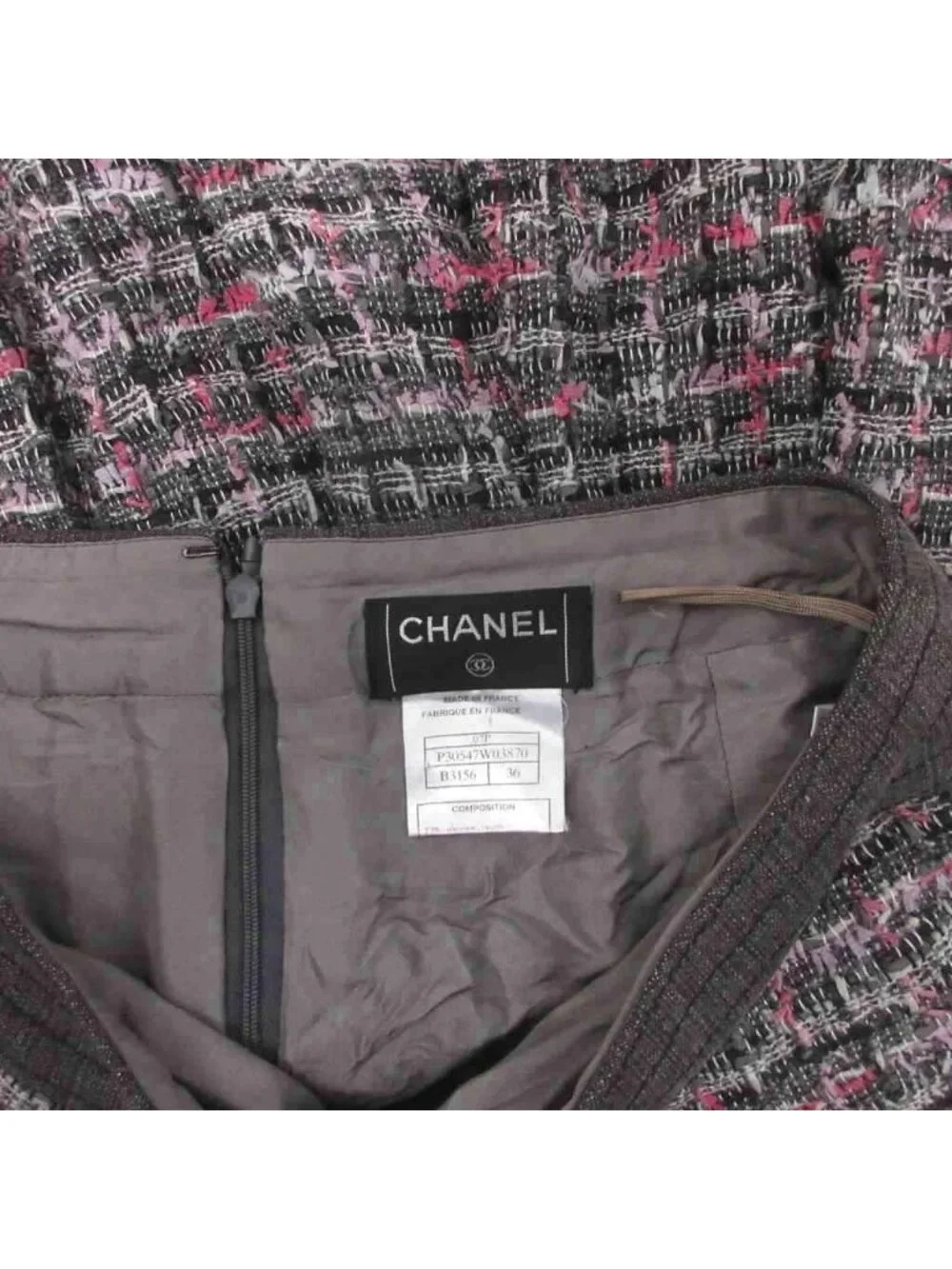 Chanel CC Logo Tweed Skirt Flare Knee Length 100% Silk 36 Black Pink